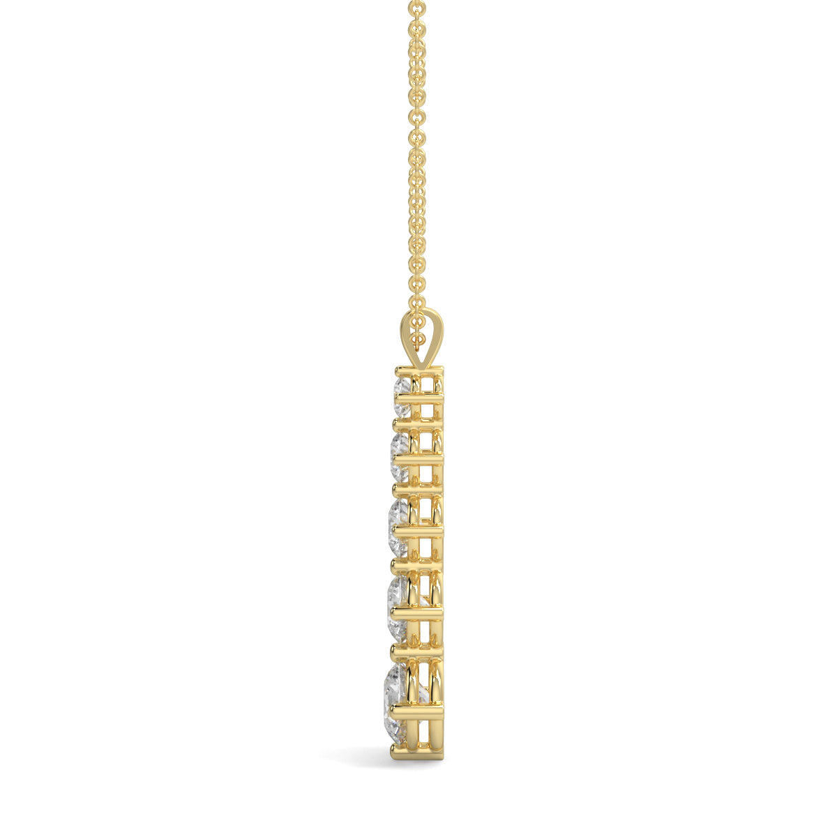 Gold necklace with a vertical diamond pendant on a white background