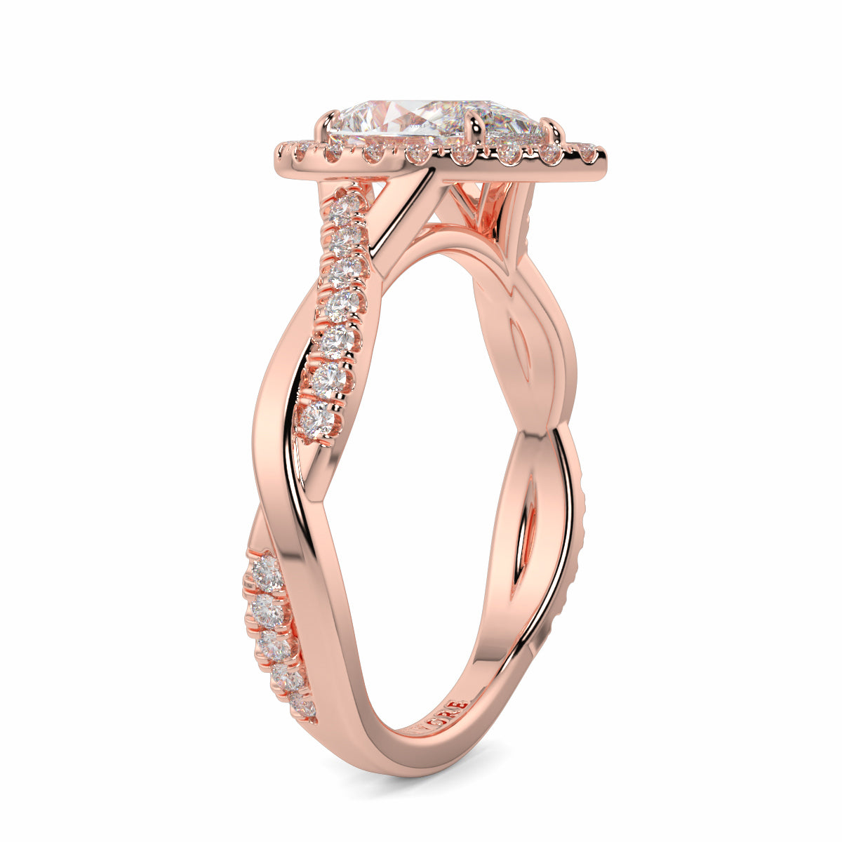 Rose gold ring with diamond accents on a white background yb jewellers twist halo pear shape engagement diamond ring best selling design ring and trending design 2026