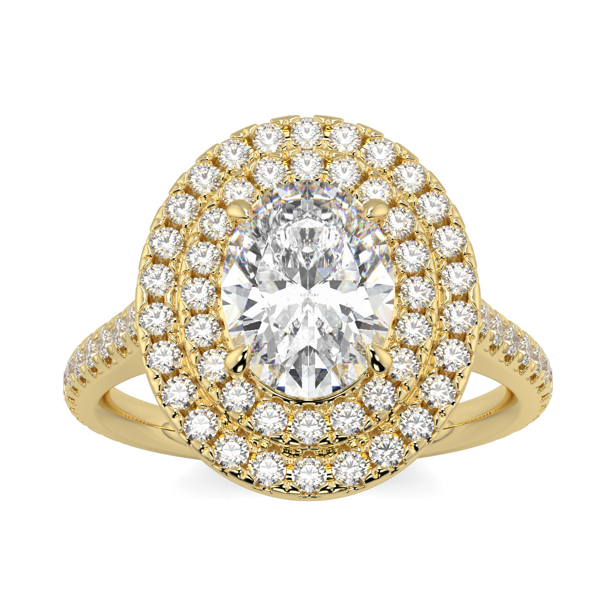 Gold ring with a large central diamond and smaller diamonds around on a white background yb jewellers oval diamond engagement ring best seller trending design