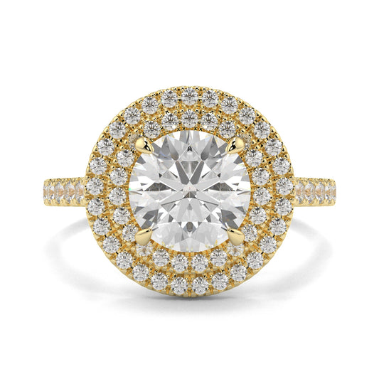 Gold ring with a large diamond and smaller diamonds around on a white background yb jewellers round double halo engagement ring best seller trending