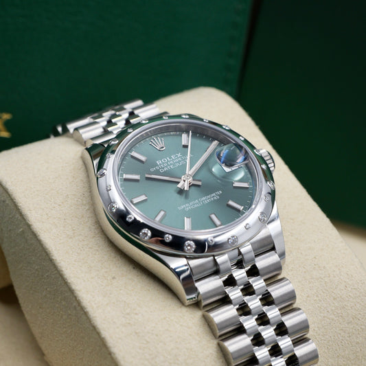 Rolex Datejust 31 Green Dial Domed Diamond Set Bezel 278344RBR - Full Set (2025)
