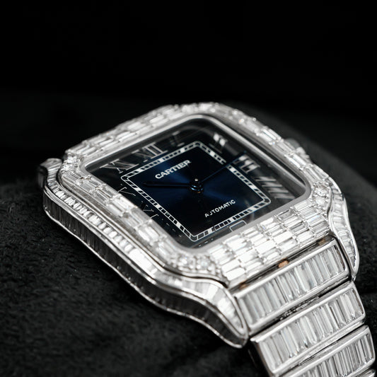 Cartier Santos Blue Dial Baguette Bussdown Full Set