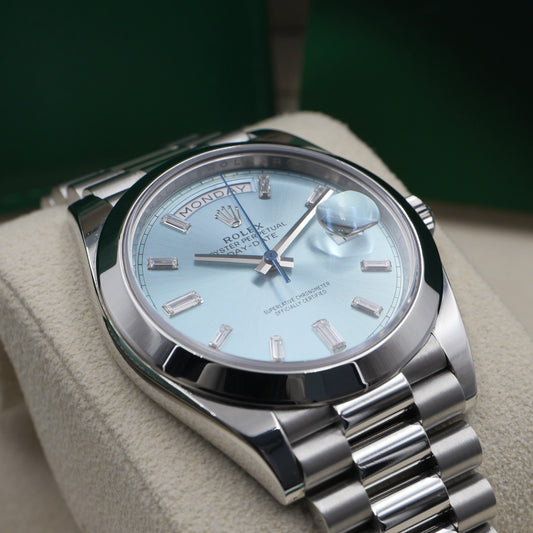 Rolex Day-Date 40 Platinum Ice Blue Baguette Dial 228206 - Full Set (2022)