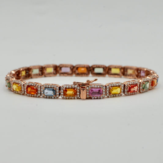 Rose Gold Multi Coloured Sapphire & Diamond Halo Bracelet