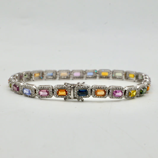 White Gold Multi Coloured Sapphire & Diamond Halo Bracelet