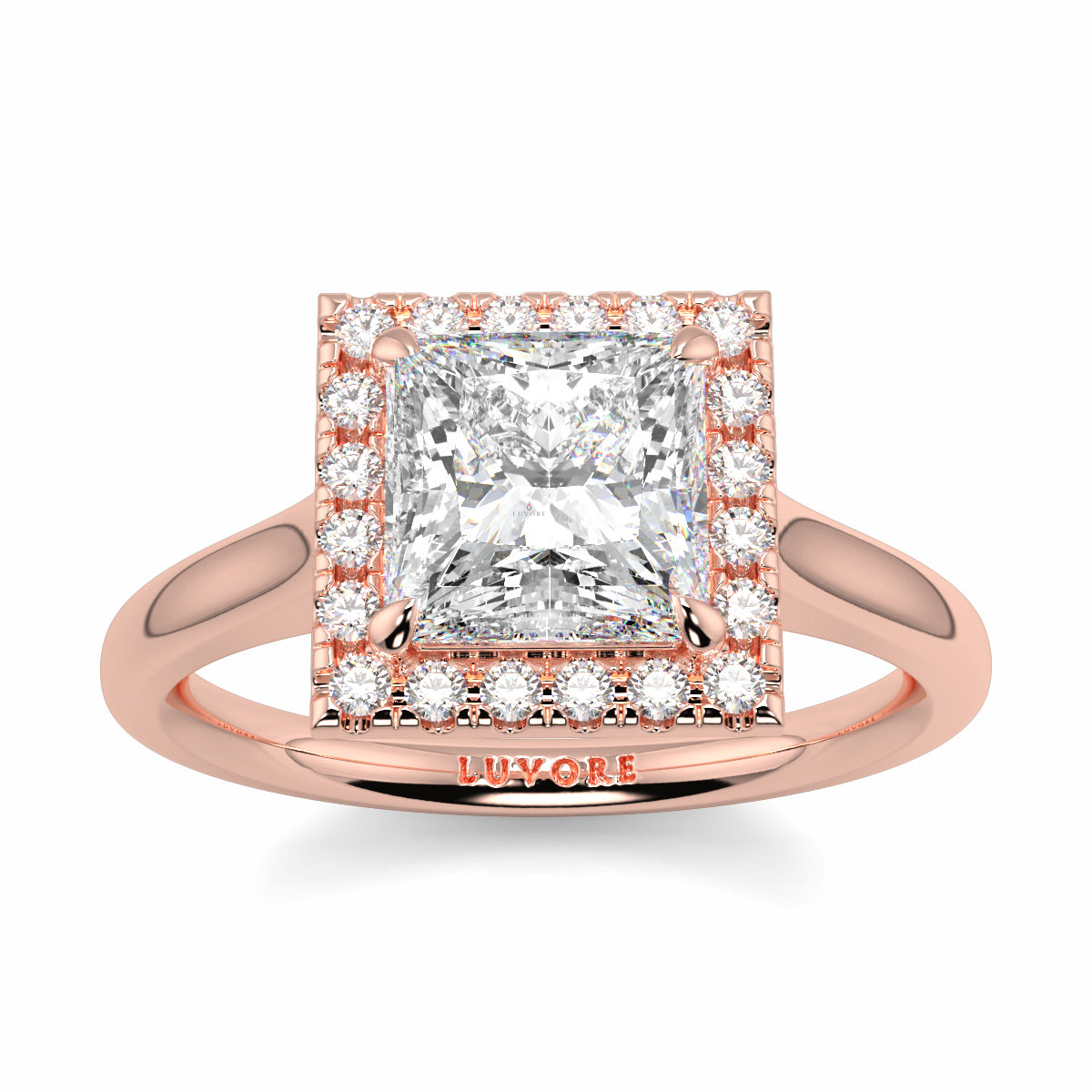 Rose gold ring with a large diamond and smaller diamonds on a white background Yb jewellers princess cut diamond halo plain shoulders