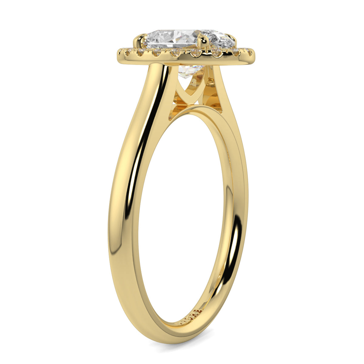 Gold ring with a diamond on a white background yb jewellers diamond halo with plain shoulder oval shape