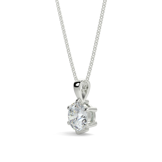 Silver pendant necklace with a clear gemstone on a white background 6 claw diamond pendant