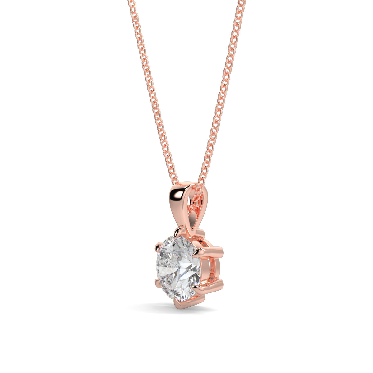 Rose gold necklace with a diamond pendant on a white background 6 claw diamond pendant