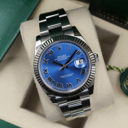 Rolex Datejust 41 Azzurro Blue Fluted Oyster 126334 - Full Set (2024)
