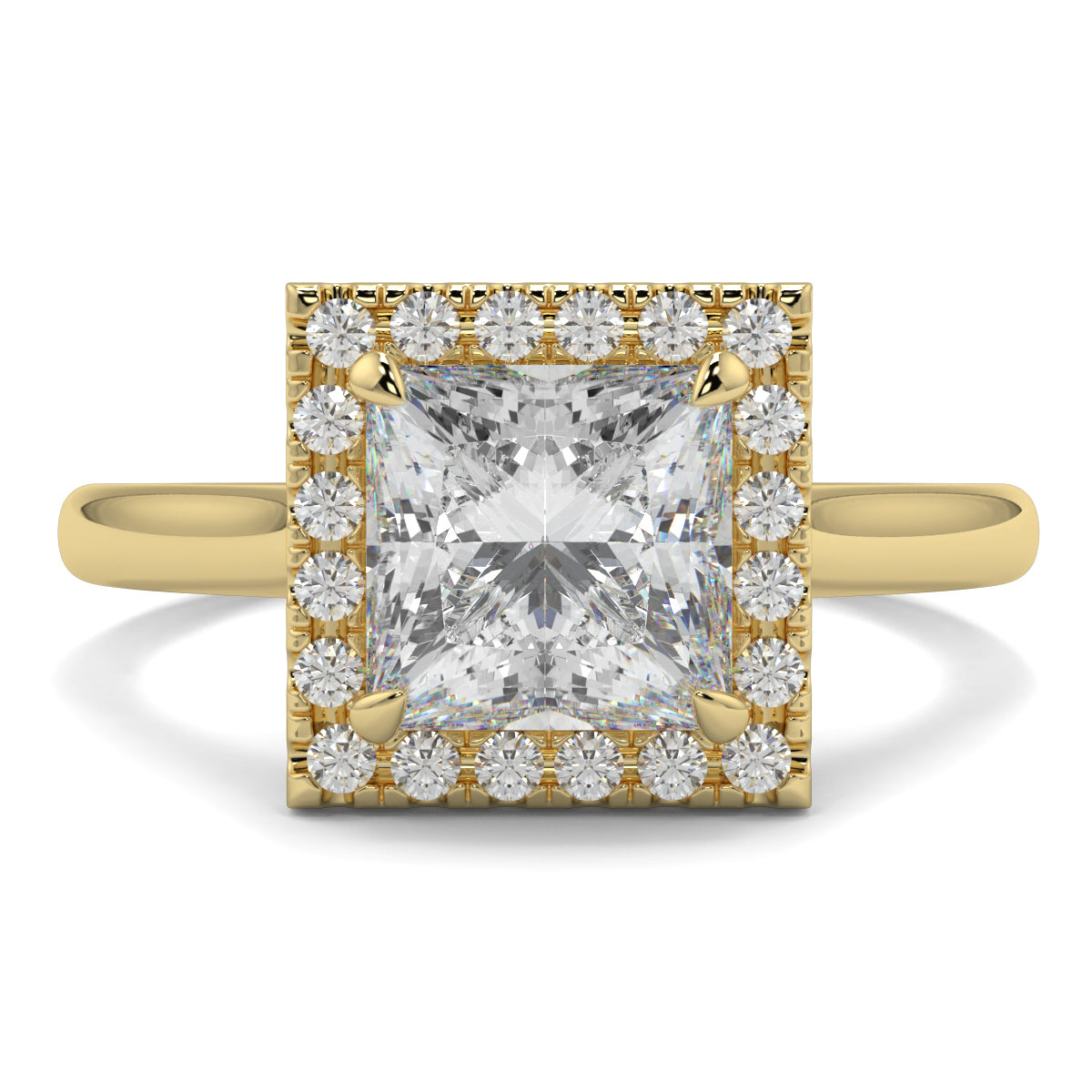 Gold ring with a large diamond and smaller diamonds around on a white background Yb jewellers princess cut diamond halo plain shoulders 