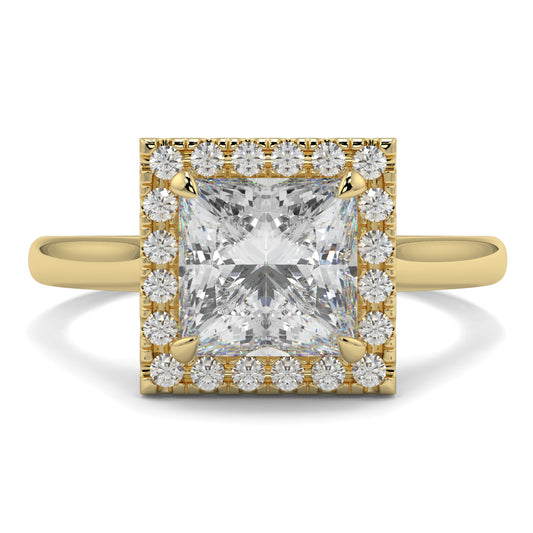 Gold ring with a large diamond and smaller diamonds around on a white background Yb jewellers princess cut diamond halo plain shoulders 