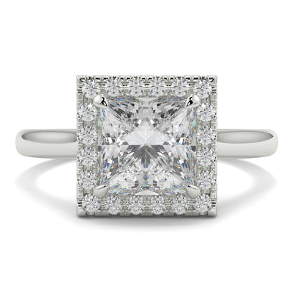 Diamond ring with a square-cut center stone on a white background Yb jewellers princess cut diamond halo plain shoulders 