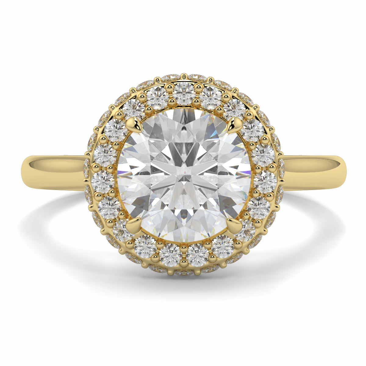 Gold ring with a large diamond and smaller diamonds around on a white background yb jewellers round diamond halo ring with plain shoulders trending bestseller design