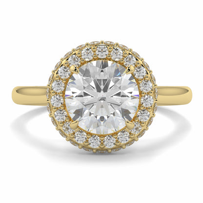 Gold ring with a large diamond and smaller diamonds around on a white background yb jewellers round diamond halo ring with plain shoulders trending bestseller design