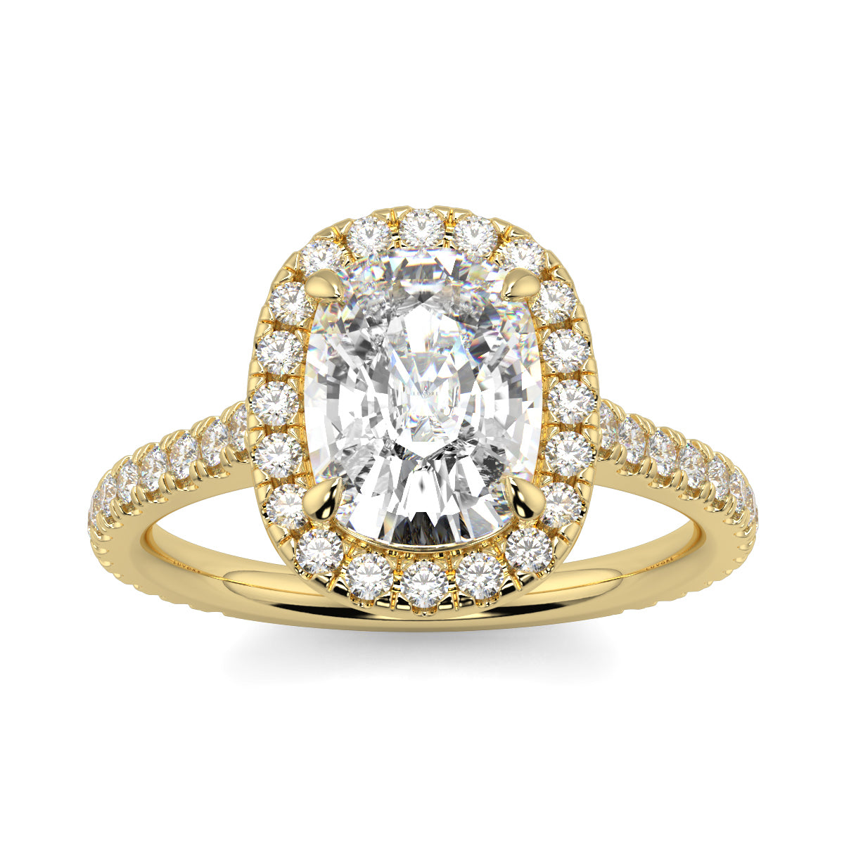 Gold ring with a large central diamond and smaller diamonds around on a white background YB Jewellers engagement ring best value