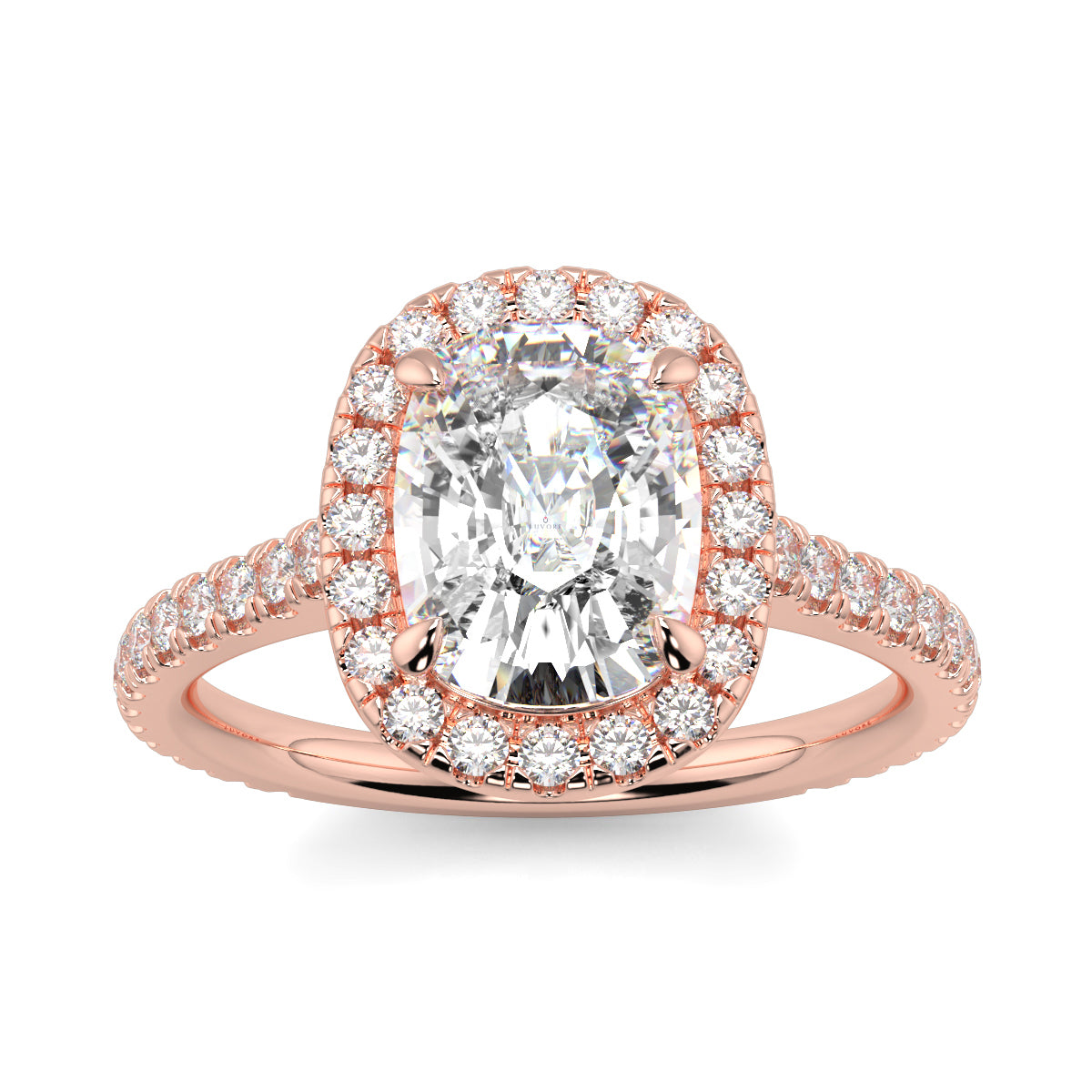 Rose gold ring with a large diamond and smaller diamonds on a white  YB Jewellers engagement ring best value background