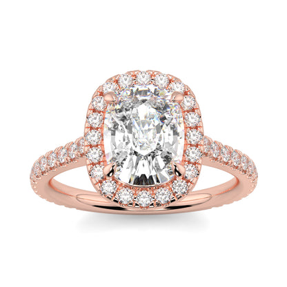 Rose gold ring with a large diamond and smaller diamonds on a white  YB Jewellers engagement ring best value background