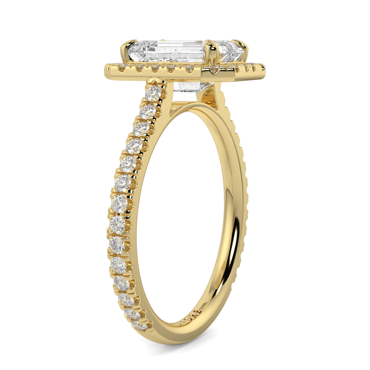 Gold ring with emerald-cut diamond and smaller diamonds on a white YB_Jewellers_Engagement_Ringbackground