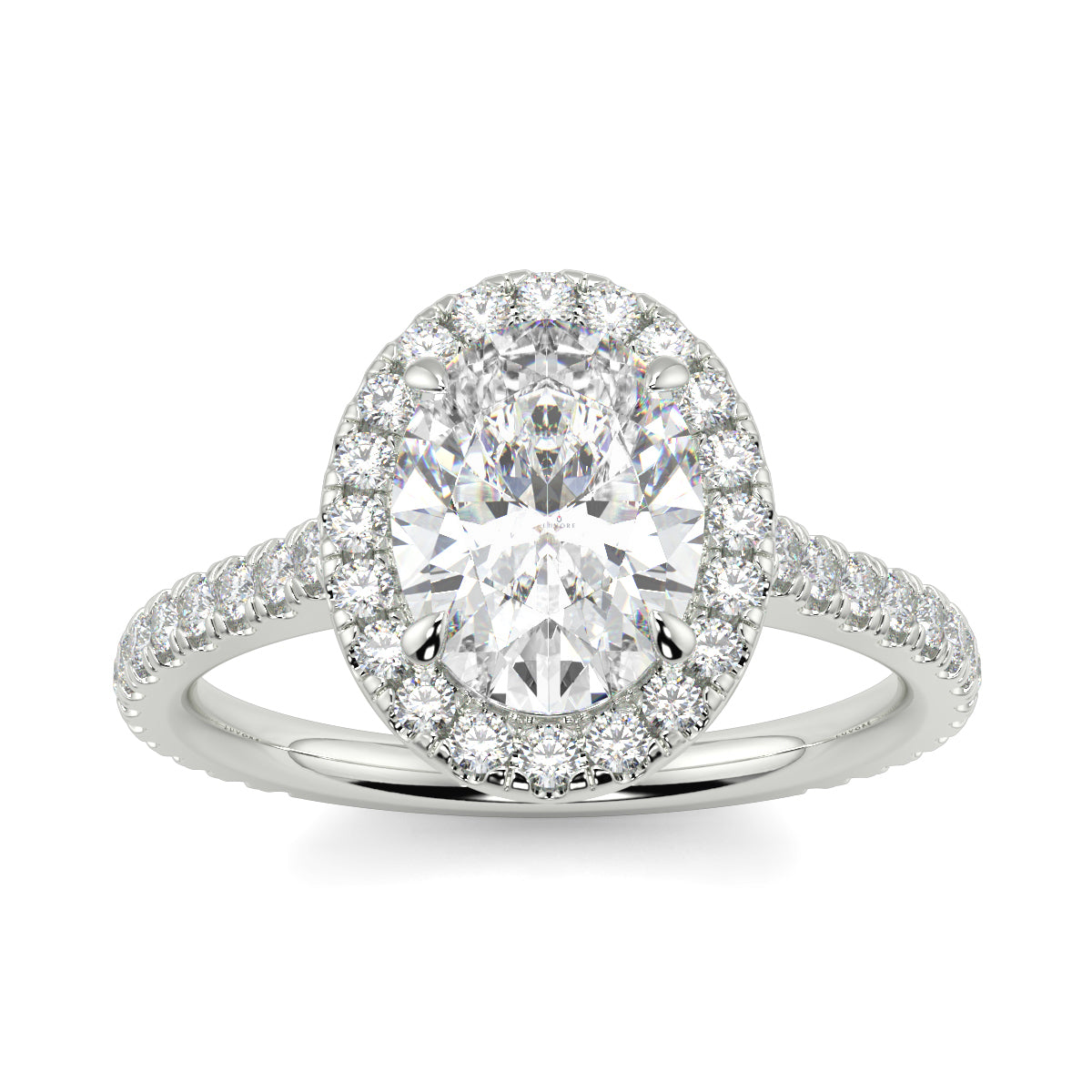 Diamond ring with a central gemstone and halo on a white background yb jewellers oval engagement ring best value