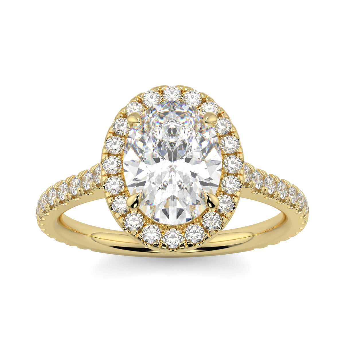 Gold ring with a large central diamond and smaller diamonds around on a white background yb jewellers oval engagement ring best value