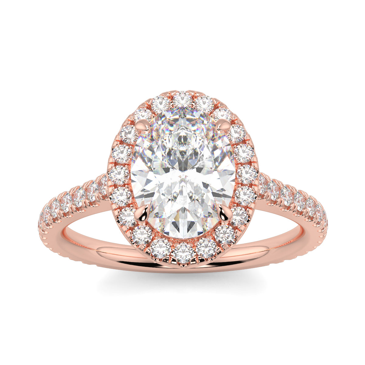 Rose gold ring with a large diamond and smaller diamonds on the band against a white background yb jewellers oval engagement ring best value