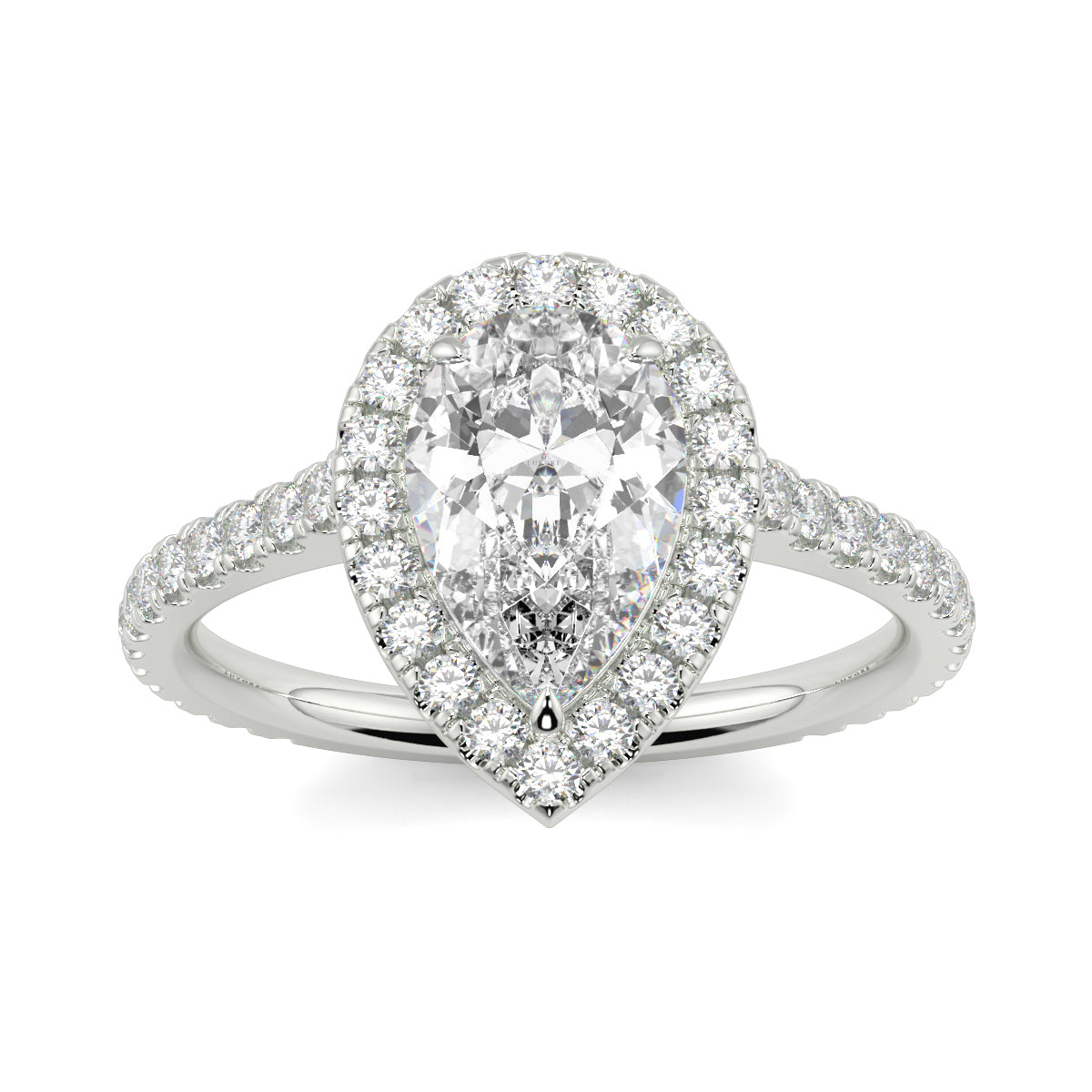 Diamond ring with a pear-shaped center stone on a white background yb jewellers Pear engagement ring 