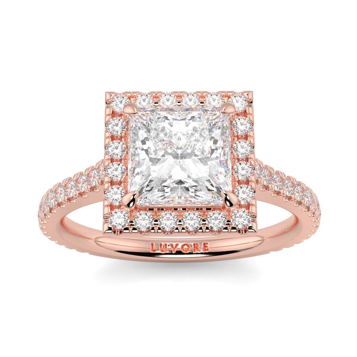 Rose gold ring with a large diamond and smaller diamonds on a white  yb jewellers engagement ring princess cut diamond ring tiger claws background