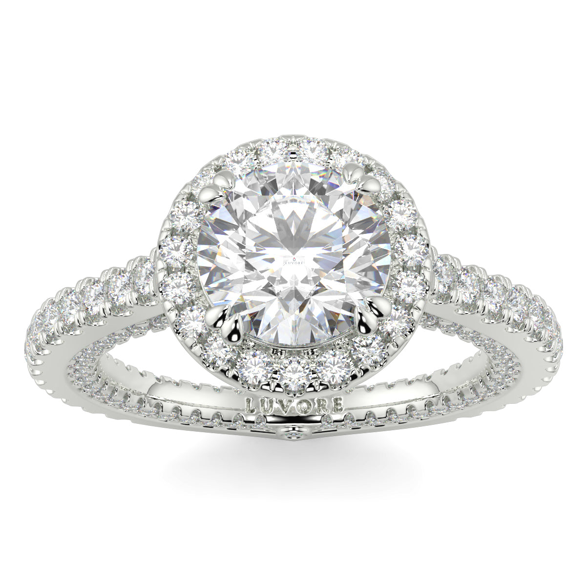 Diamond ring with a halo and intricate design on a white background round diamond halo engagement ring yb jewellers tiger claws vintage style