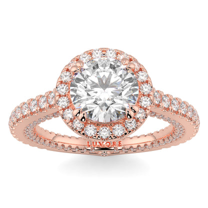 Rose gold diamond ring with engraving on a white background round diamond halo engagement ring yb jewellers tiger claws vintage style
