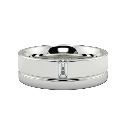 Silver ring with a diamond on a white background