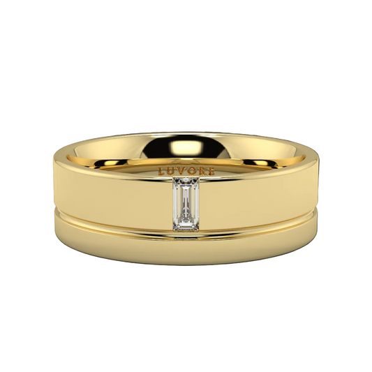 Gold ring with a diamond on a white background