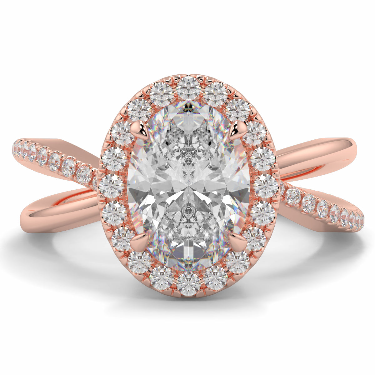Rose gold ring with a large diamond and smaller diamonds on a white background Yb jewellers oval diamond halo platinum diamond engagement ring bestseller trending design 