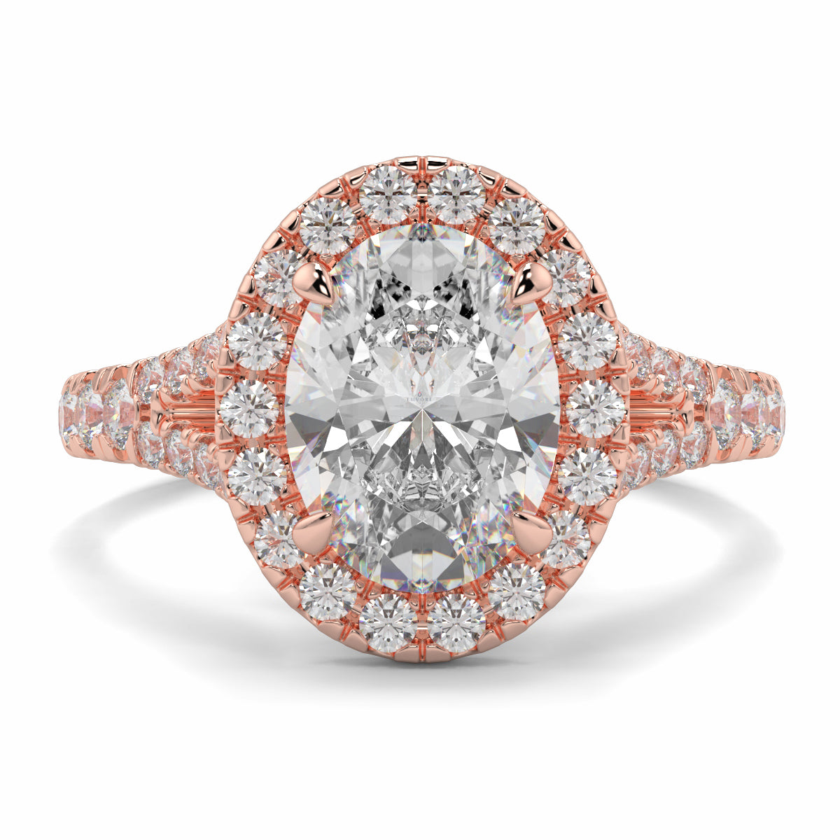 Rose gold ring with a large diamond and smaller diamonds on a white  background Yb jewellers oval diamond halo platinum diamond engagement ring bestseller trending design 