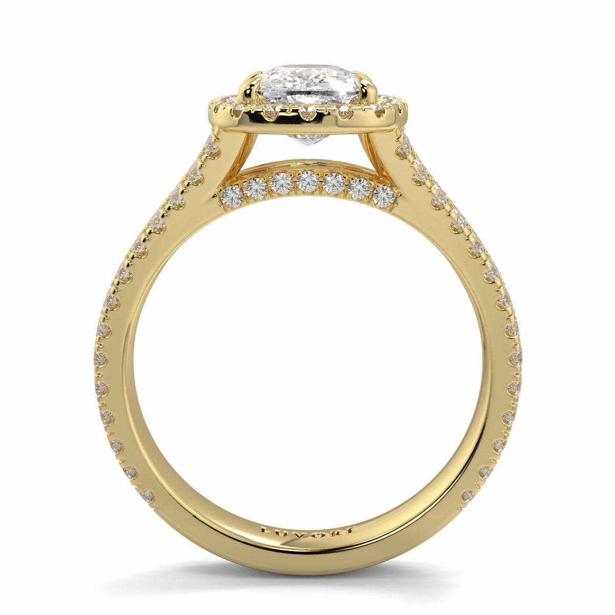 Gold ring with a diamond on a white background yb jewellers split halo diamond engagement ring best selling design trending cushion cut diamond