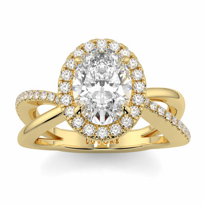 Gold ring with a large diamond and smaller diamonds on a white  background Yb jewellers oval diamond halo platinum diamond engagement ring bestseller trending design 