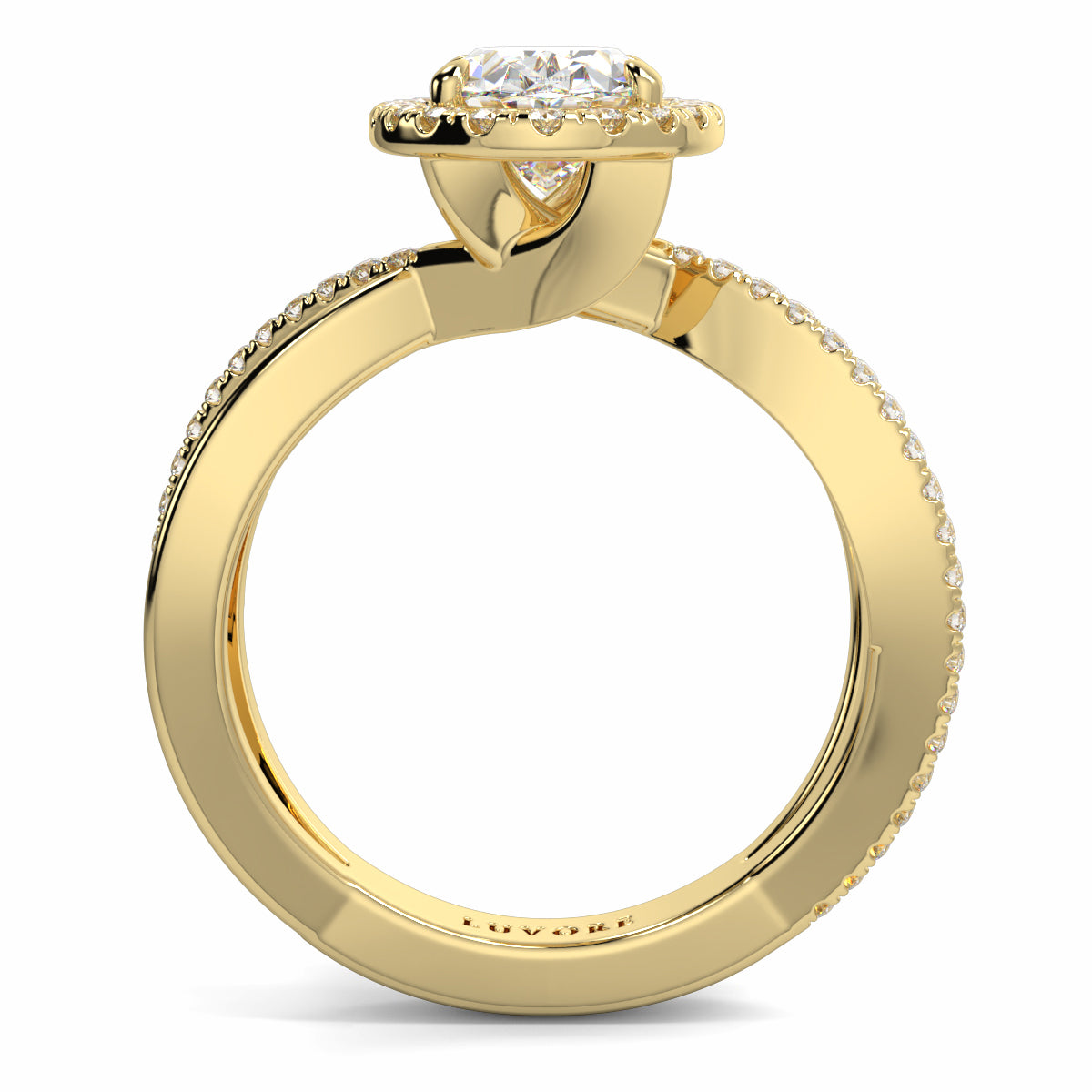 Gold ring with a diamond on a white background Yb jewellers oval diamond halo platinum diamond engagement ring bestseller trending design 