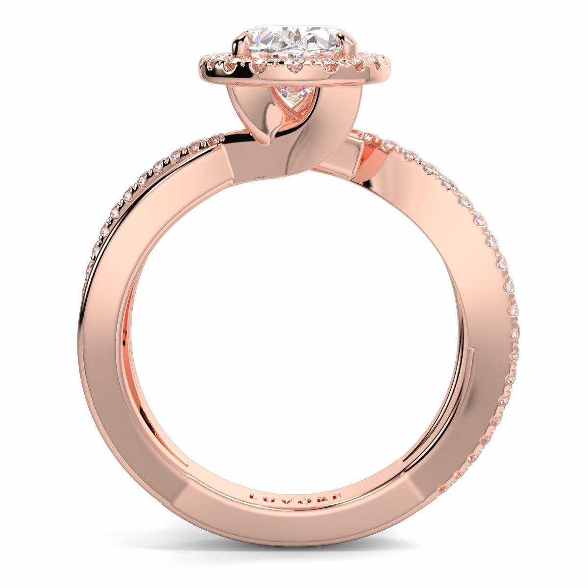 Rose gold ring with a diamond on a white background Yb jewellers oval diamond halo platinum diamond engagement ring bestseller trending design 