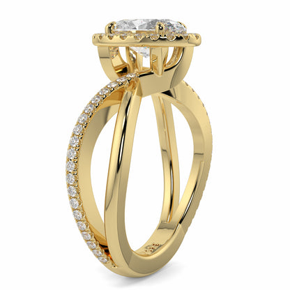 Gold ring with diamond accents on a white background Yb jewellers oval diamond halo platinum diamond engagement ring bestseller trending design 