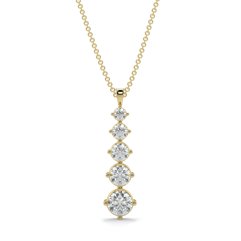 Gold necklace with four diamond pendants on a white background