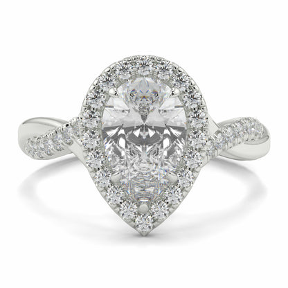Diamond ring with a pear-shaped center stone on a white background yb jewellers twist halo pear shape engagement diamond ring best selling design ring and trending design 2026