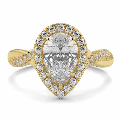 Gold ring with a large central diamond and smaller diamonds around on a white background yb jewellers twist halo pear shape engagement diamond ring best selling design ring and trending design 2026