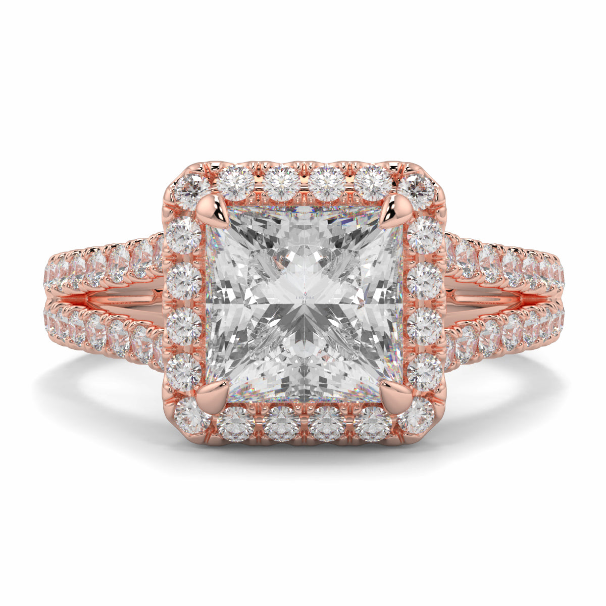 Rose gold diamond ring with a large central gemstone and smaller diamonds on a white background yb jewellers twist halo princess shape engagement diamond ring best selling design ring and trending design 2026