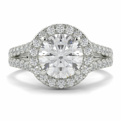 Diamond ring with a halo and smaller diamonds on a white background yb jewellers twist halo round shape engagement diamond ring best selling design ring and trending design 2026