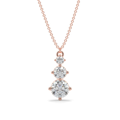 Rose gold necklace with three diamond pendants on a white background