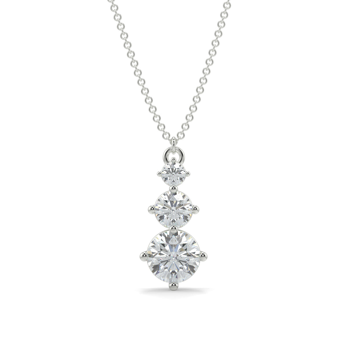 Diamond necklace with three round-cut diamonds on a white background 