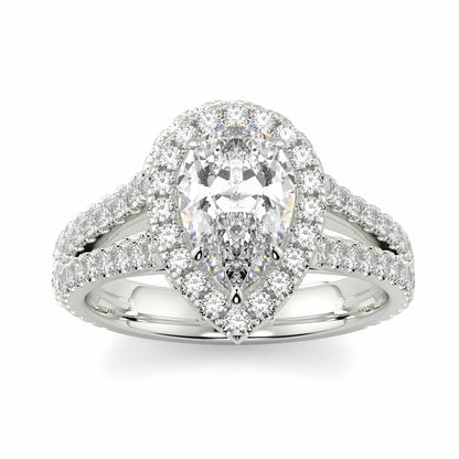 Diamond ring with a pear-shaped center stone on a white background yb jewellers twist halo pear shape engagement diamond ring best selling design ring and trending design 2026