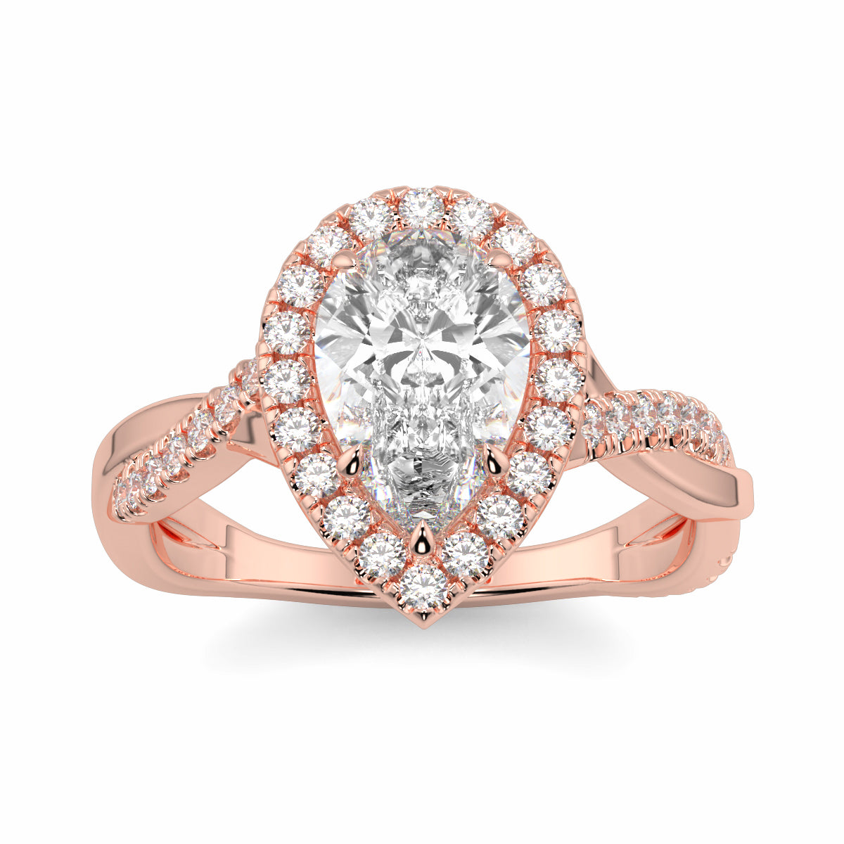 Rose gold ring with a pear-shaped diamond and smaller diamonds on a white background yb jewellers twist halo pear shape engagement diamond ring best selling design ring and trending design 2026