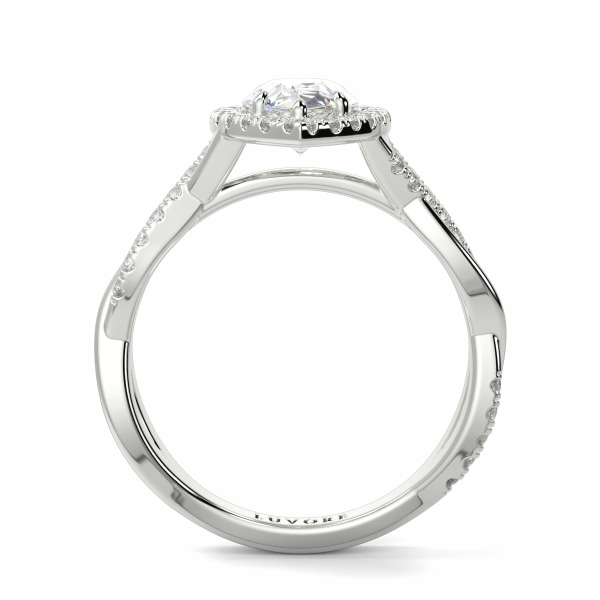 Silver ring with a diamond on a white background yb jewellers twist halo pear shape engagement diamond ring best selling design ring and trending design 2026