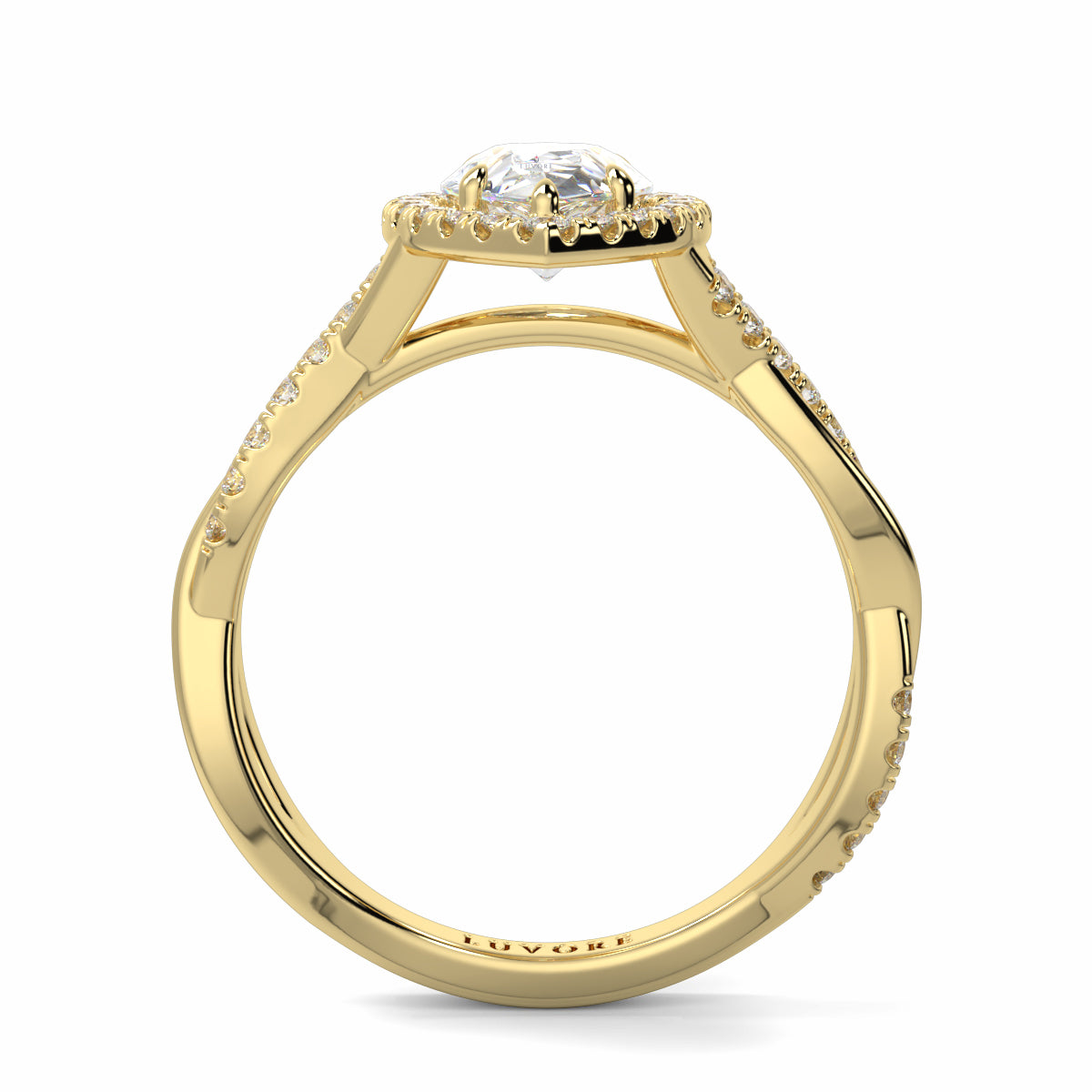 Gold ring with a diamond on a white background yb jewellers twist halo pear shape engagement diamond ring best selling design ring and trending design 2026